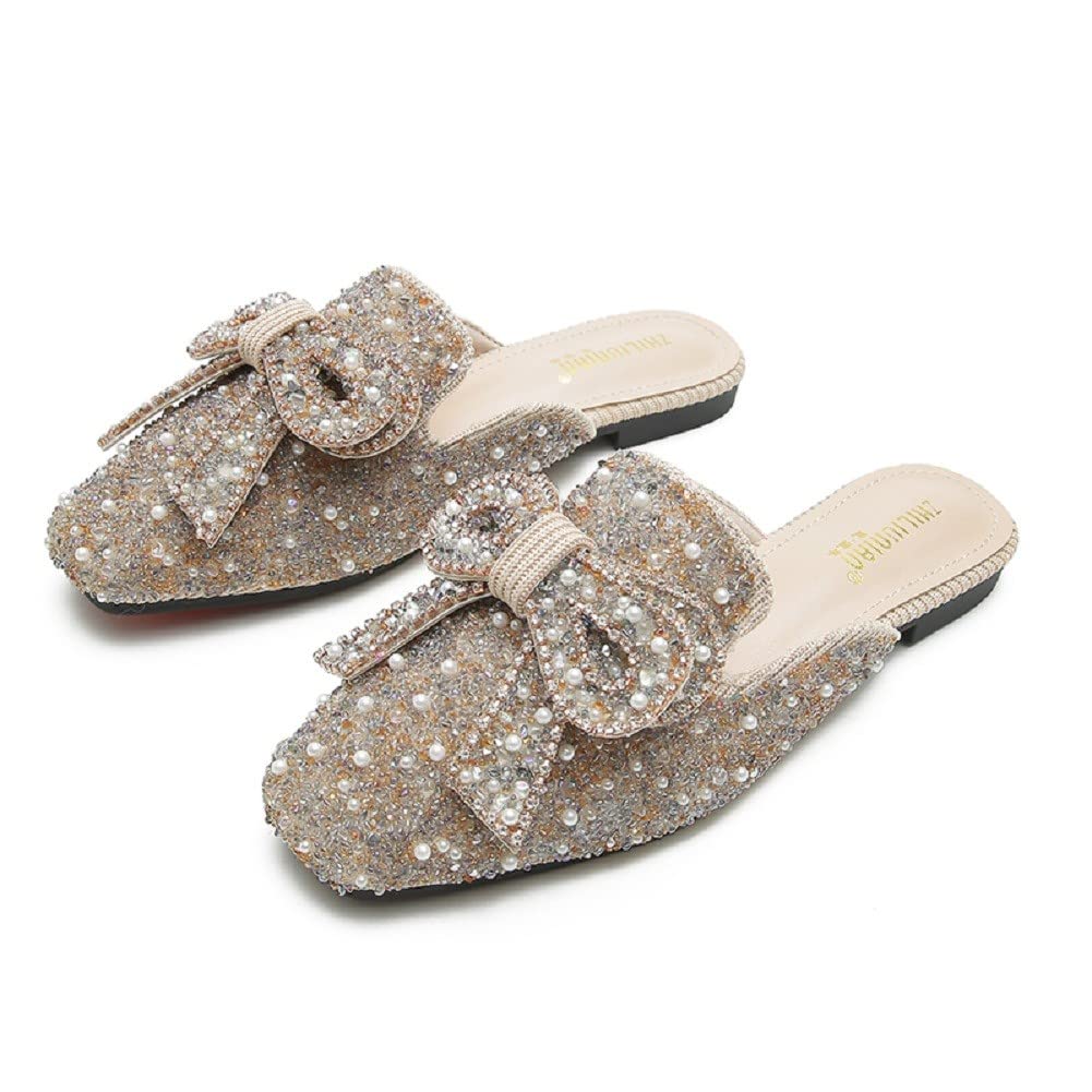 SAFECAMSWomen's Rhinestone Bow Flat Mules Comfortable Square Toe Slip on Penny Loafers Ladies Baotou Clogs Half Slides Mules