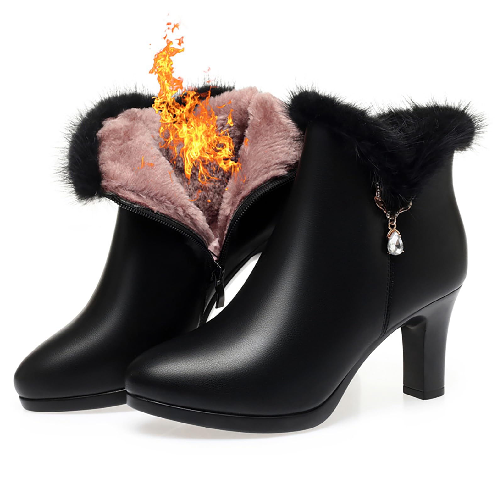 Womens Leather Chunky High Heels Ankle Booties Sparkling Rhinestones Warm Fully Fur Lined Side Zipper High Heels Snow