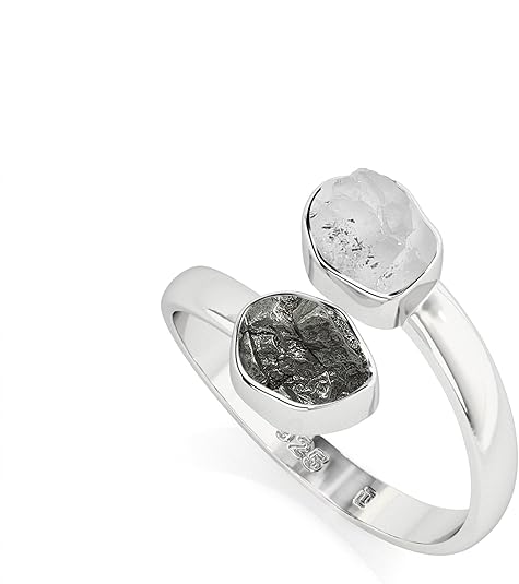 Natural Raw/Rough Herkimer & Meteorite 2 Stone Size Adjustable Stackable Twister Ring for Women in Sterling Silver, April & August Birthstone Jewelry Gifts for Her (Bezel-Set)