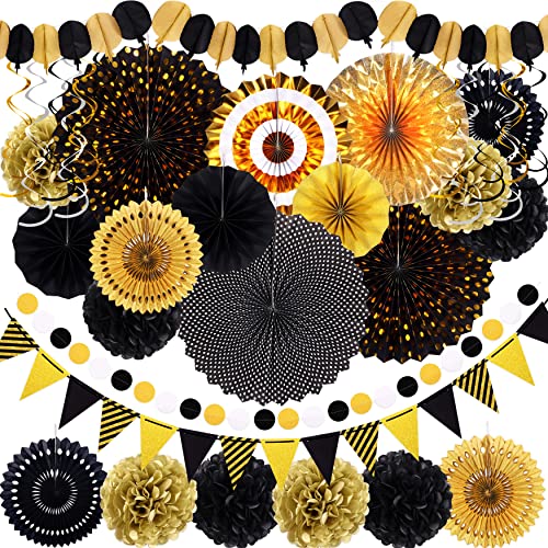 Image of Moon Boat 35PCS Party Decorations Paper Fan Hanging Set - Birthday,Graduation,Baby Shower,Wedding,Retirement,Black and Gold Decor（Black）