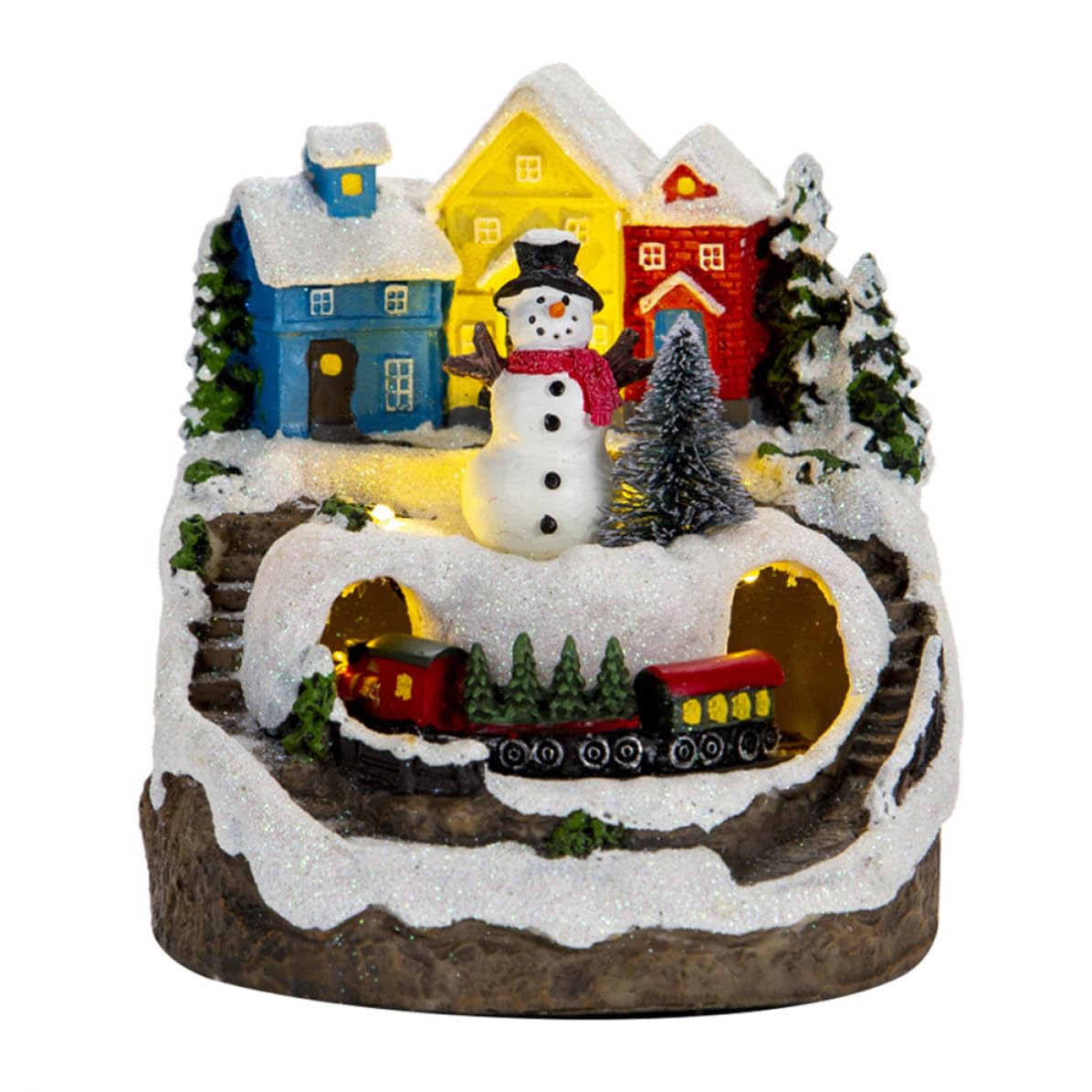 CALLARON Casa Navideña Iluminada y Tren Eléctrico, Adorno de Mesa Decorativo de Resina, Figura de Pueblo Navideño en Miniatura de Escritorio, 1 Pieza, Diseño