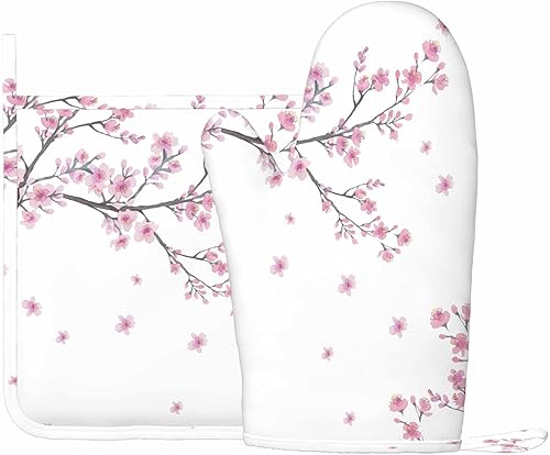 Miniatura 2 de Mxocom Cherry Blossom - Guantes de horno resistentes al calor y soporte para ollas, ramas de flores, para cocina, antideslizantes, para cocinar,