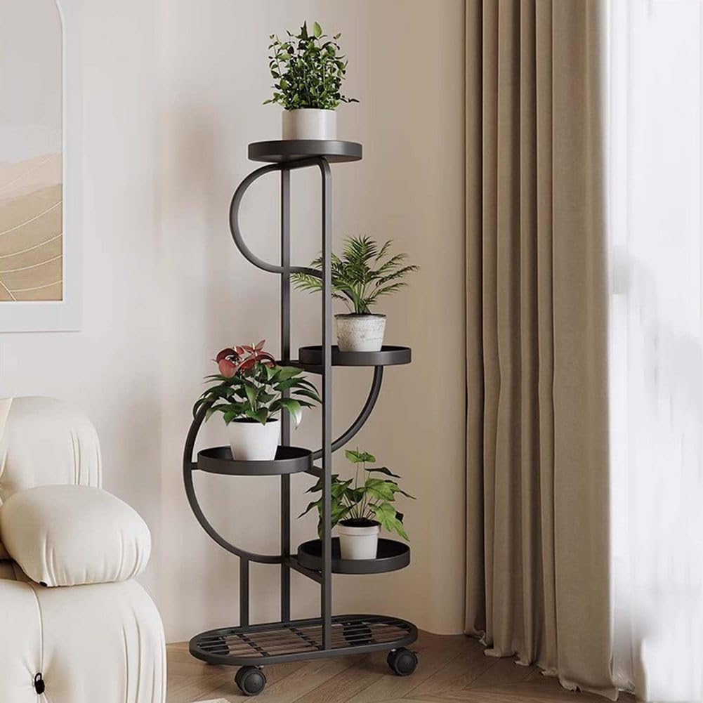 Porte-plante métal 5 niveaux roulettes étagère d'angle haute extérieur intérieur noir