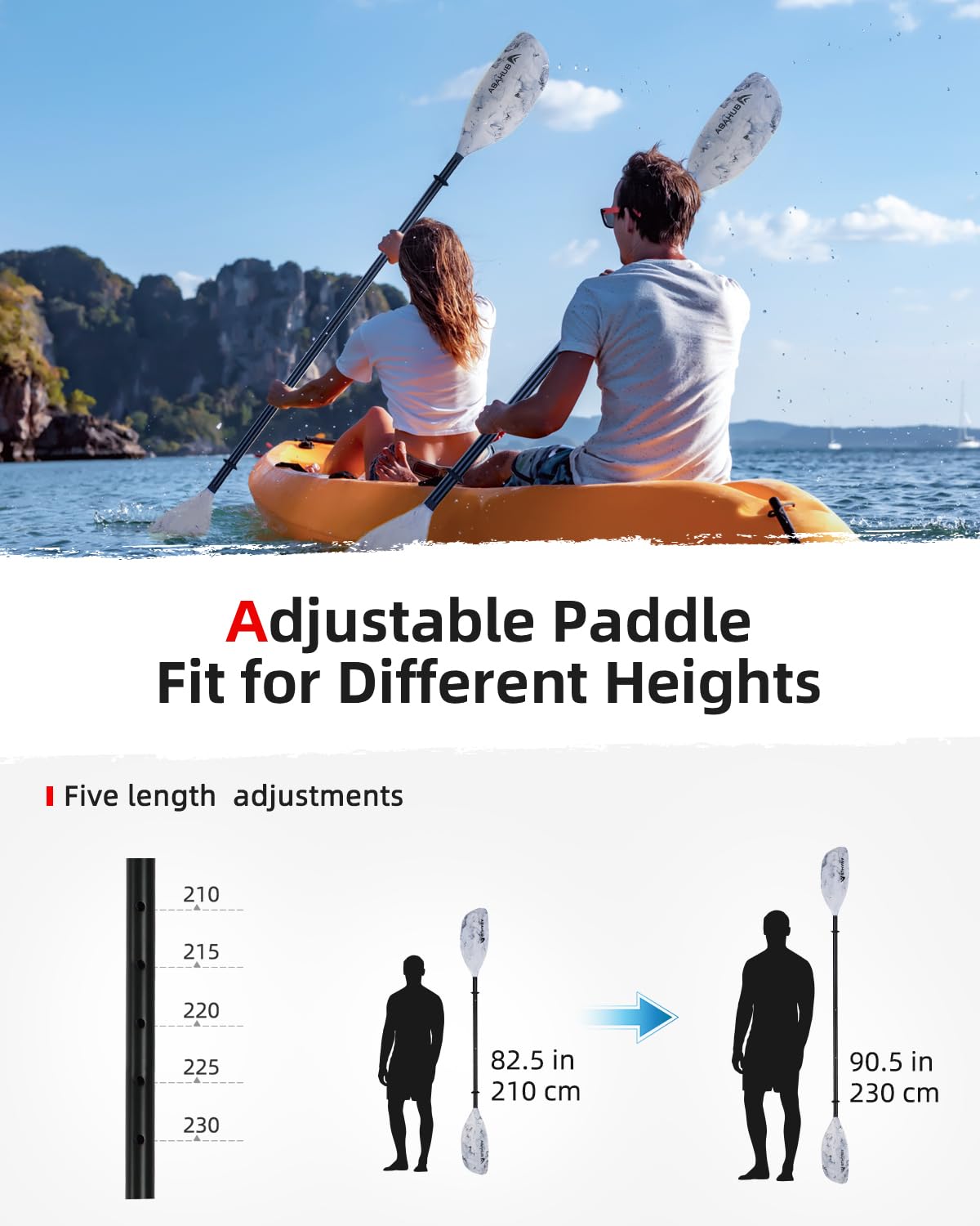 Abahub Pagaia Kayak 210 cm a 230 cm Regolabile Alluminio Doppia Remi Kayak Paddle Pagaie da Kayak per Kayak Barca a Remi Canoa Gambo in Lega di Alluminio Lame in Plasticain 12 Colori - 2