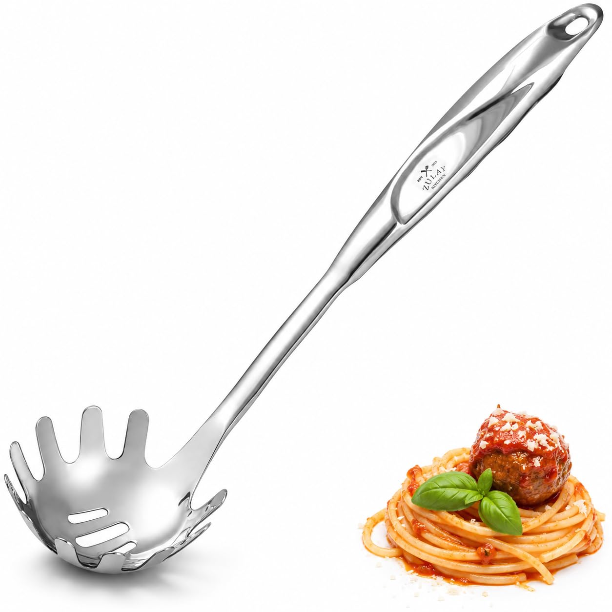 Zulay Kitchen Spaghettilöffel & Pastaheber - Langlebiger Lebensmittelqualität Edelstahl Nudelkelle Server, Nudellöffel mit ergonomischem Griff, Spaghettiheber Gabel für Nudeln, Küchen Nudelkelle