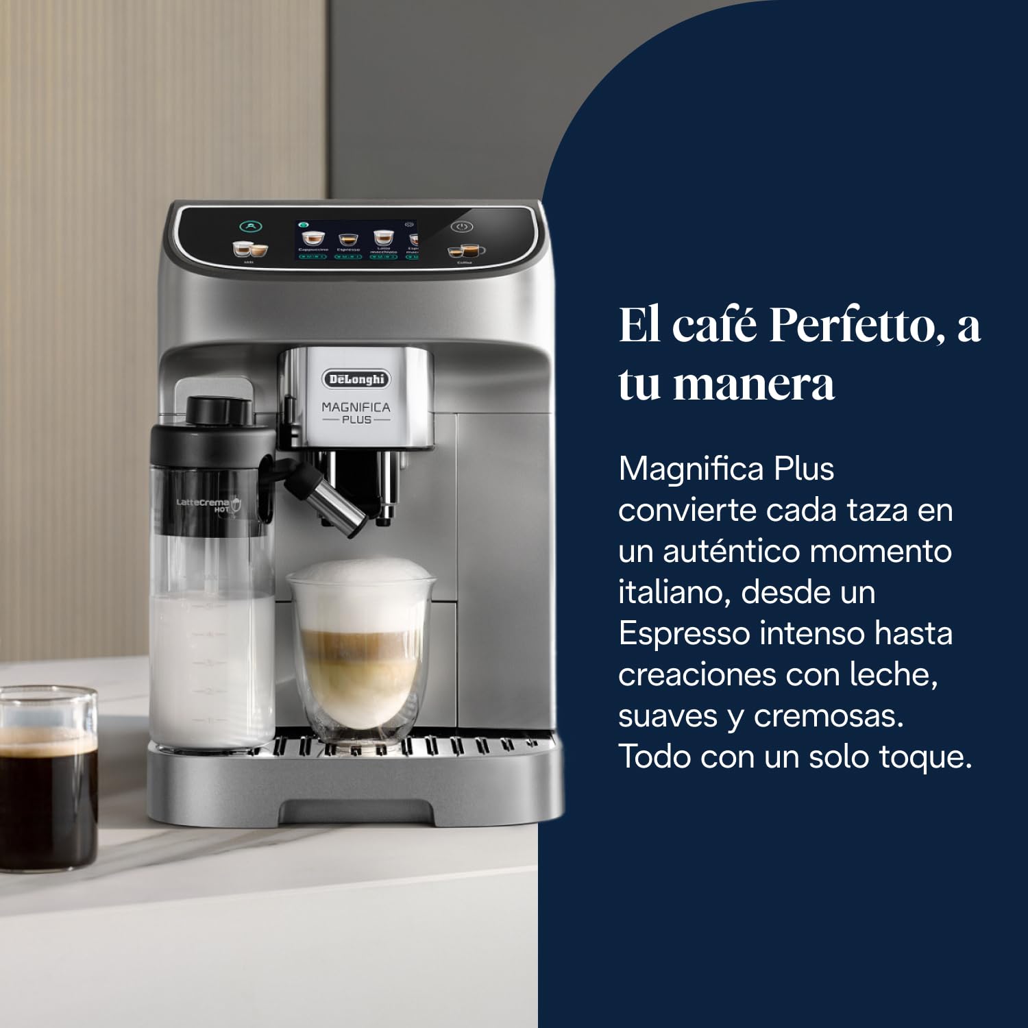 De’Longhi Magnifica Plus– Perfetto Cafetera Superautomática, LatteCrema Jarra de leche automática, 18 Bebidas One-Touch, Pantalla Táctil a Color, Plata y Negro (ECAM322.70.SB)