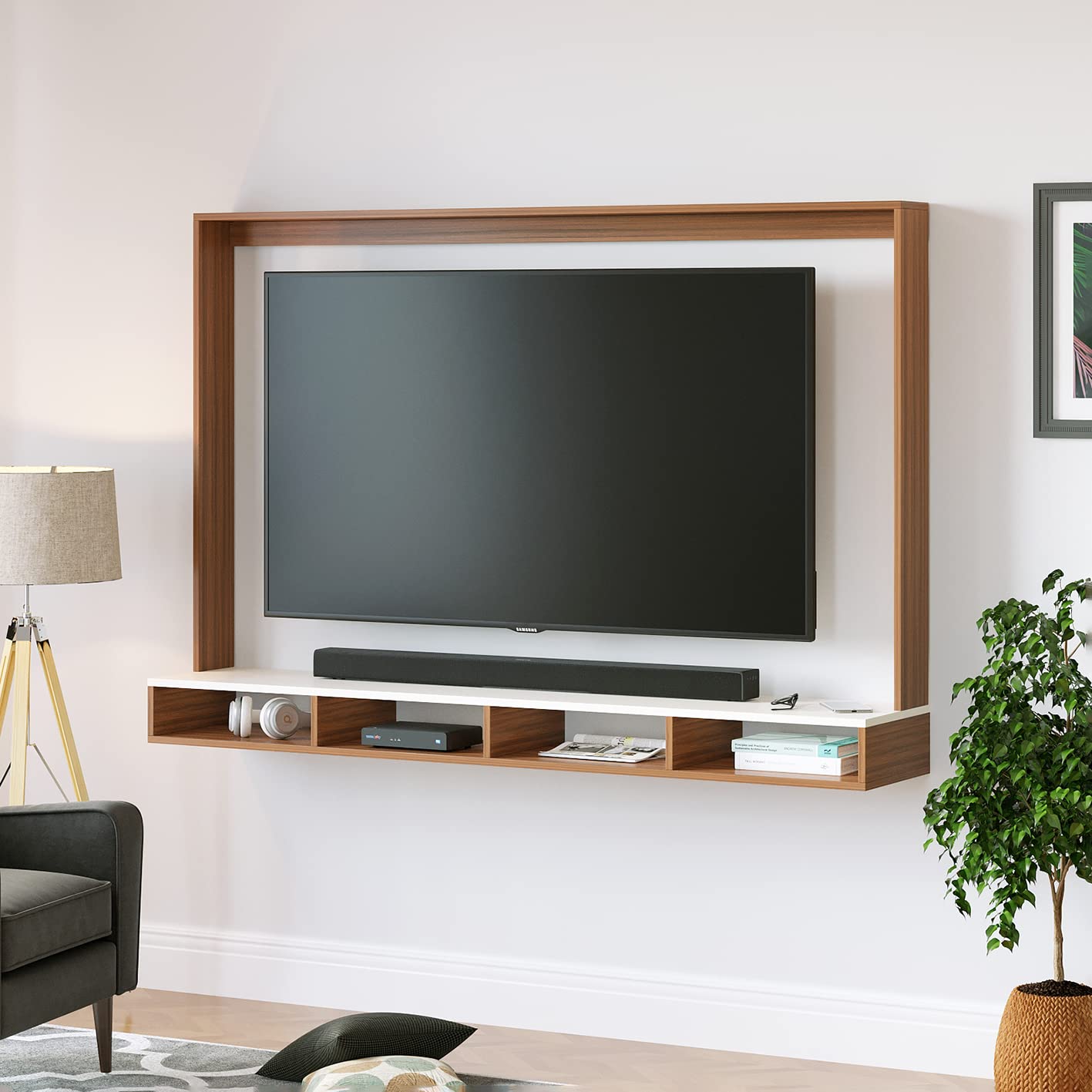 BLUEWUD Primax Neo Engineered Wood Tv Wall Unit, Set Top Box Stand, Walnut & Frosty White, Large, for Upto 55"