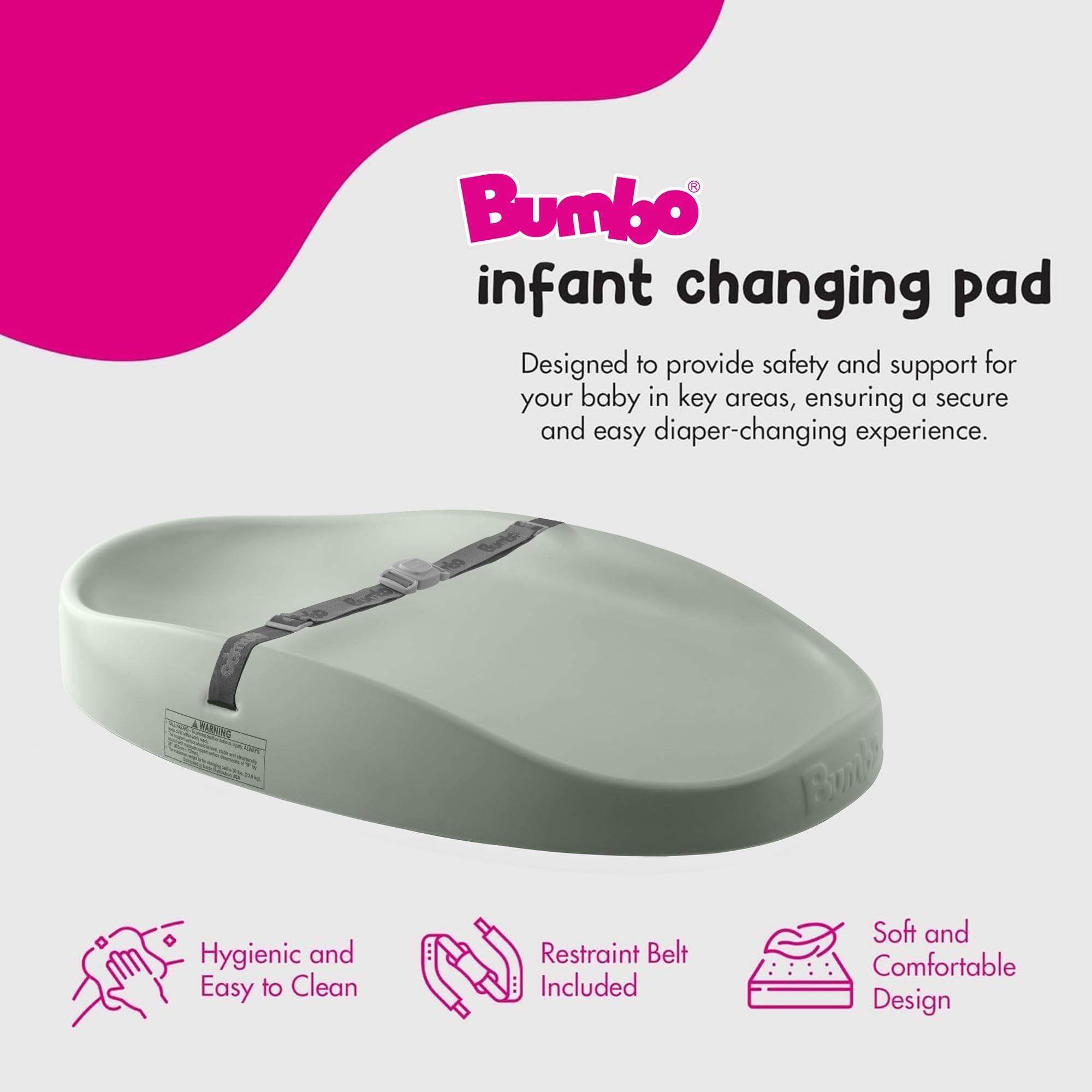 Bumbo Wickelunterlage – Konturierte Baby-Wickelunterlage aus Schaumstoff mit Sicherheitsgurt, wasserdicht und leicht zu reinigende Oberfläche, rutschfeste Unterseite, komfortables und sicheres Design