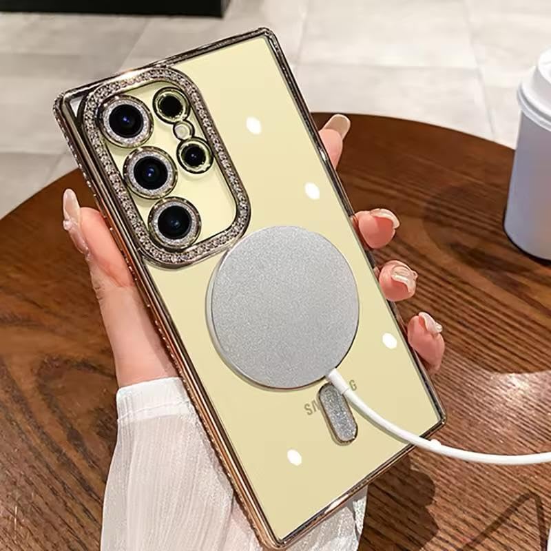 Image of for Samsung Galaxy Glitter Case,Luxury Bling Rhinestone Diamond Plated Bumper Case,MagSafe, Sparkle Camera Lens Protection Clear Back Cover (Gold, for Samsung Galaxy S24 Ultra)