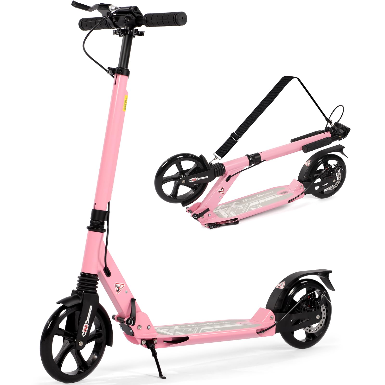 Birtech Adult Kick Scooter with Disc Handbrake, Foldable Adjustable City Scooter with Dual Suspension, 200mm Big Wheels Scooter for Kids Ages 8-12 and up (Pink)