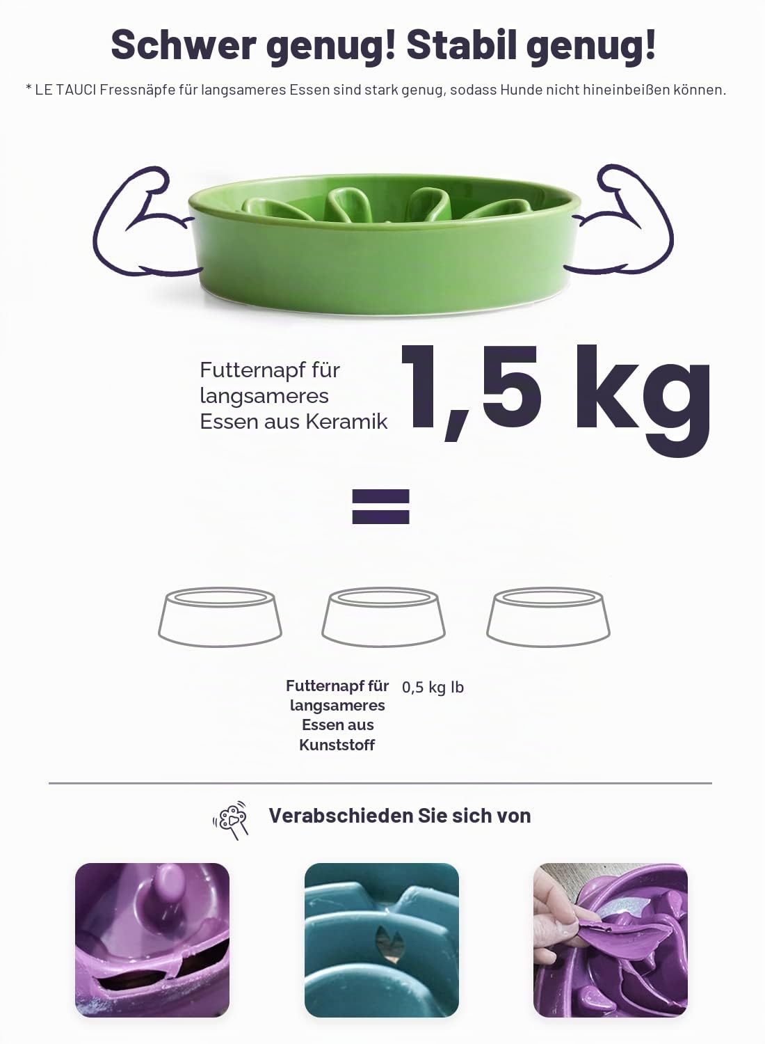 LE TAUCI Hundenapf aus Keramik, Antischlingnapf für Mittelgroße und Kleine Hunde, Langsam Fressen und Spaß für den Hund, Fressnapf mit Rutschfestem Design (Kleeblatt Grün, M-675 ml)