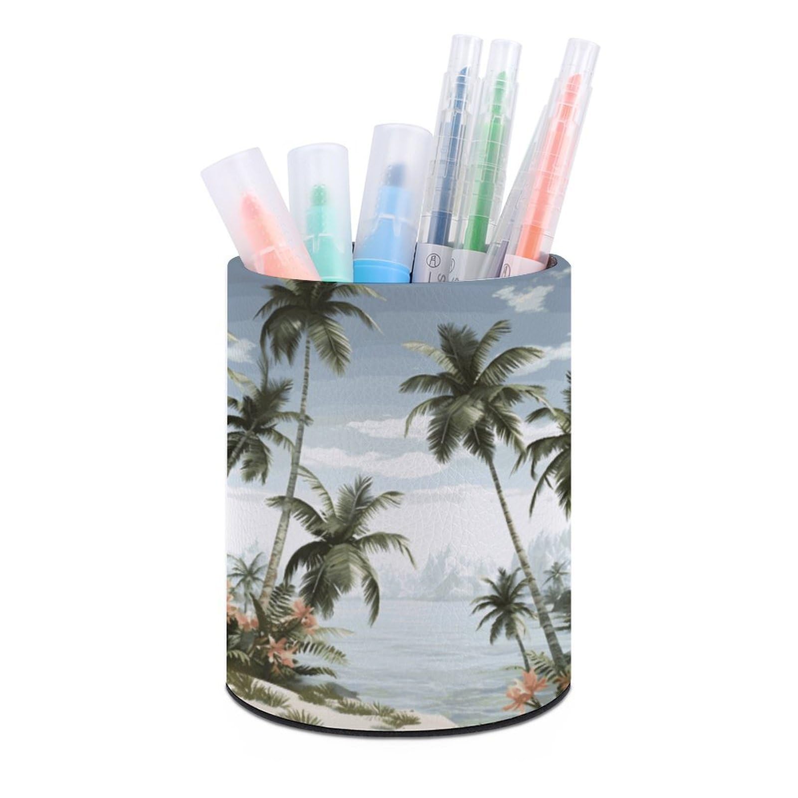VstaDank Tropical Palm Trees Pen Holder PU Leather Pencil Cup Minimalist Desk Pencil Holder Round Make Up Brush Organizers For Office Dorm Room&Vanity Desk Accessories