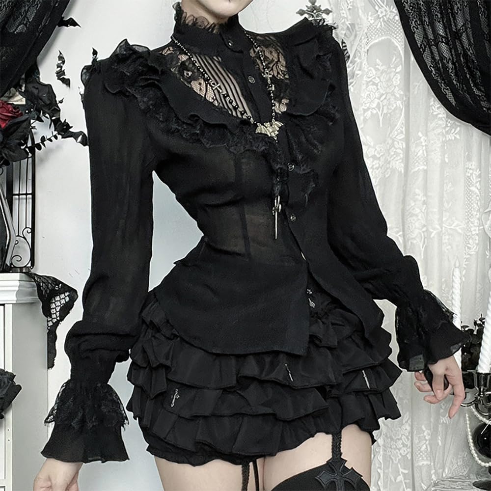 Gothic Black Lace Flared Long Sleeve Top for Women Retro Ruffled Pirate Collar Sheer Blouse Punk Tie Waist Shirt - Image 3
