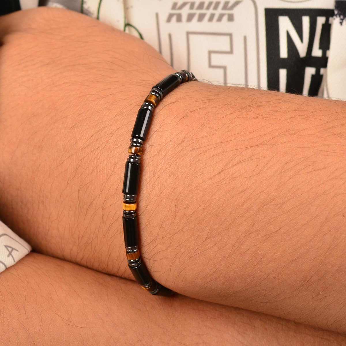 Men's Black Onyx Hematite Tiger Eye Chakra Beaded Gemstone Bracelet, Handmade Adjustable Dual Clasp 6.89-8.8 Inches, Comfort Fit Everyday Wear, Ideal Gift for Him