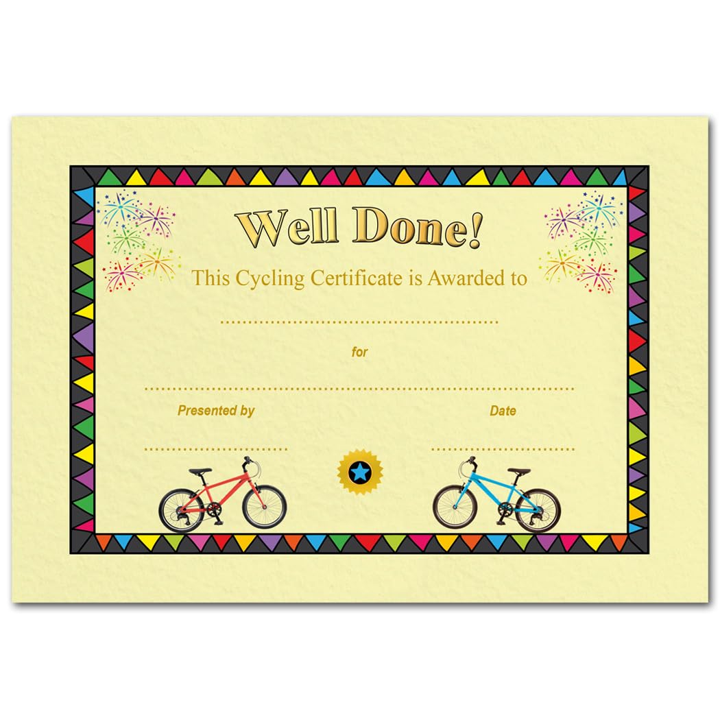 Kids Cycling Yellow Certificate - Pack of 25 Colourful "Well Done!" Reward Certificates for Young Cyclists - Ideal for Schools, Clubs, and Events - A5 Size, Customizable