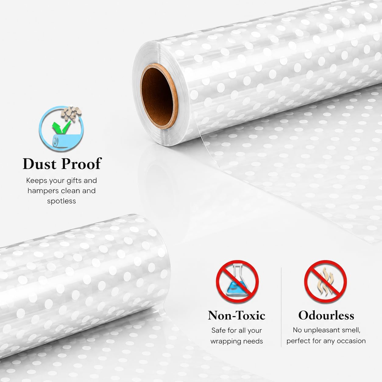 HURUC Dotted Cellophane Wrap for Hampers 80cmx30m with Large 10 Pull Bows 2 Ribbons & 10 Gift Tags, Florist Cellophane Wrap Rolls to pack Gifts Chocolate Flowers for Birthday, Anniversary, Wedding