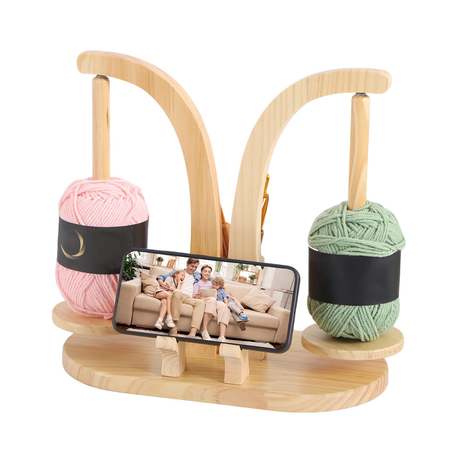 Svolgitore magnetico in legno con organizer per accessori a maglia, supporto per filo rotante per lana, con supporto per cellulare per amanti del uncinetto (legno naturale)