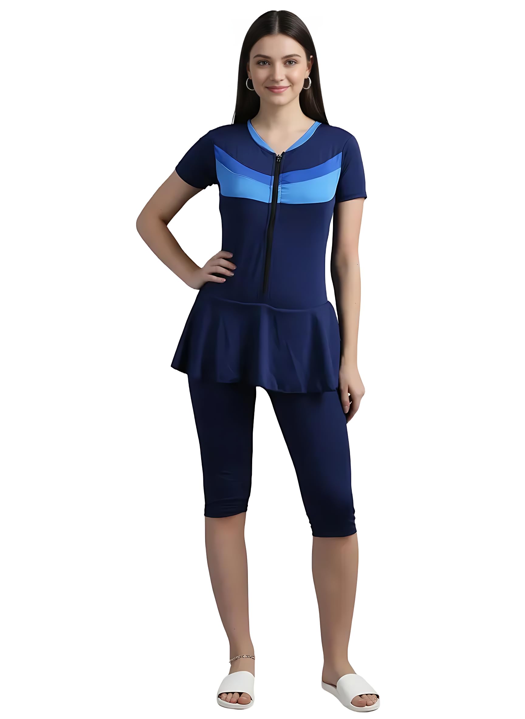 Women Front Zip Frock Style Knee Length Padded One Piece Swimming Costume |Swimsuit Set for Women