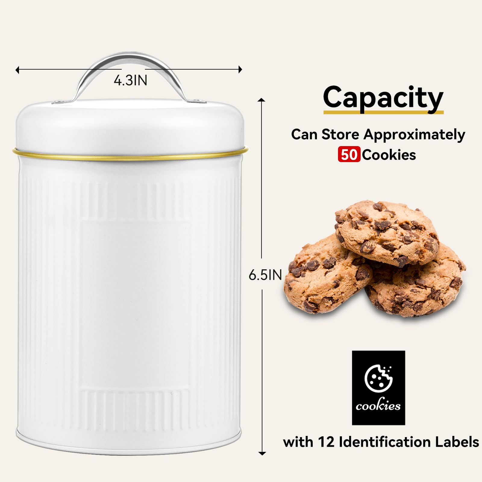 Wagrvuy Farmhouse Cookie Jar with Airtight Lids, 47 Oz Vintage Tins Cookies Food Storage with 12 Label Stickers, Home Kitchen Pantry Counter Container for Candy Coffee Dessert Snack