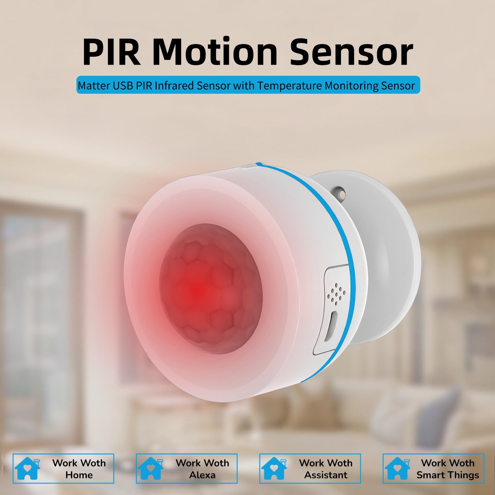 PIR-Bewegungssensor, Matter USB-PIR-Infrarotsensor mit Temperaturüberwachung, Einstellbare Empfindlichkeit, für Smart Home Control System
