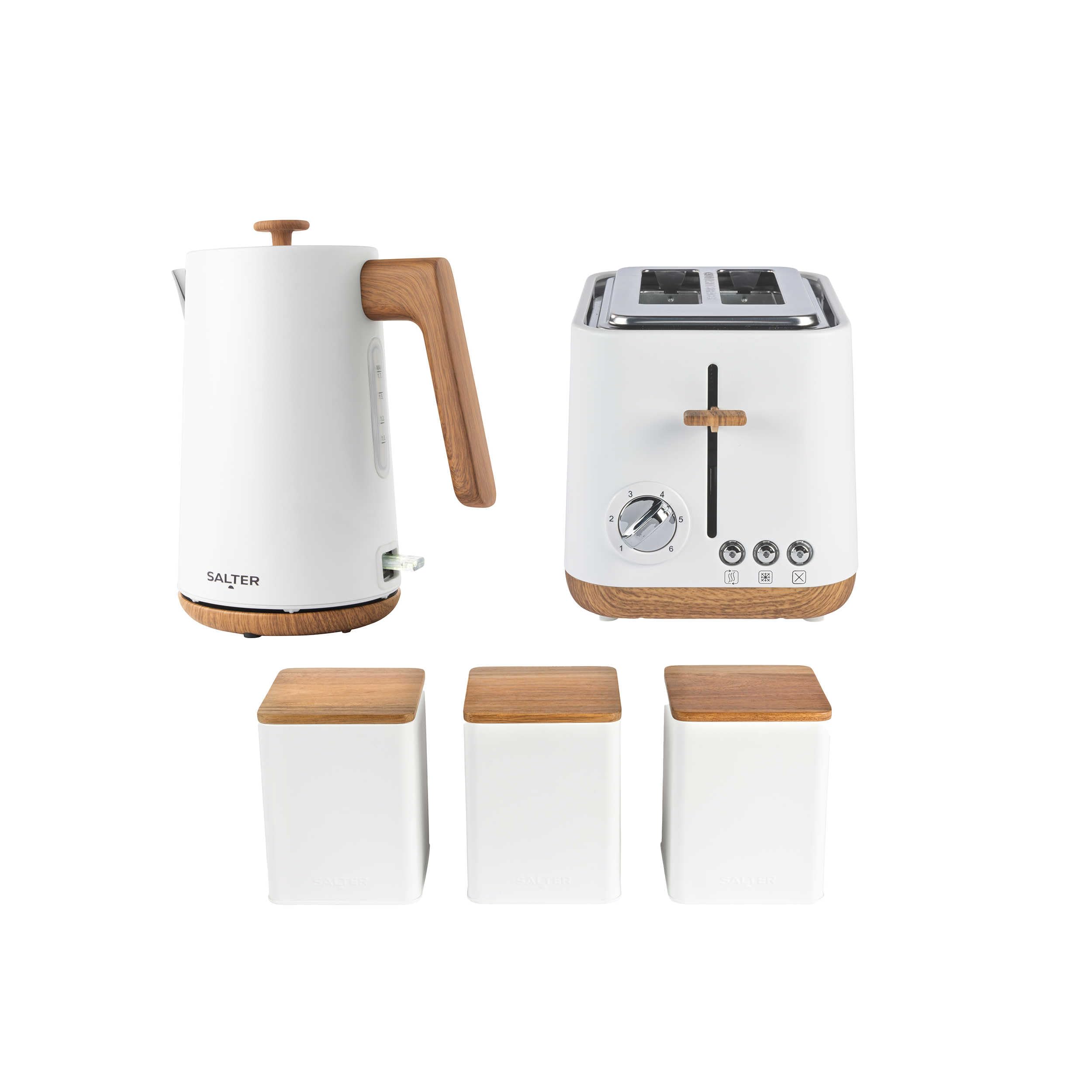 Salter Toronto Kettle, Toaster & Canister Set – 1.7L Fast Boil 3 kW Kettle, 2-Slice Toaster with 6 Browning Levels, Tea, Coffee & Sugar Canisters with Acacia Wood Lids, Countertop Set, White