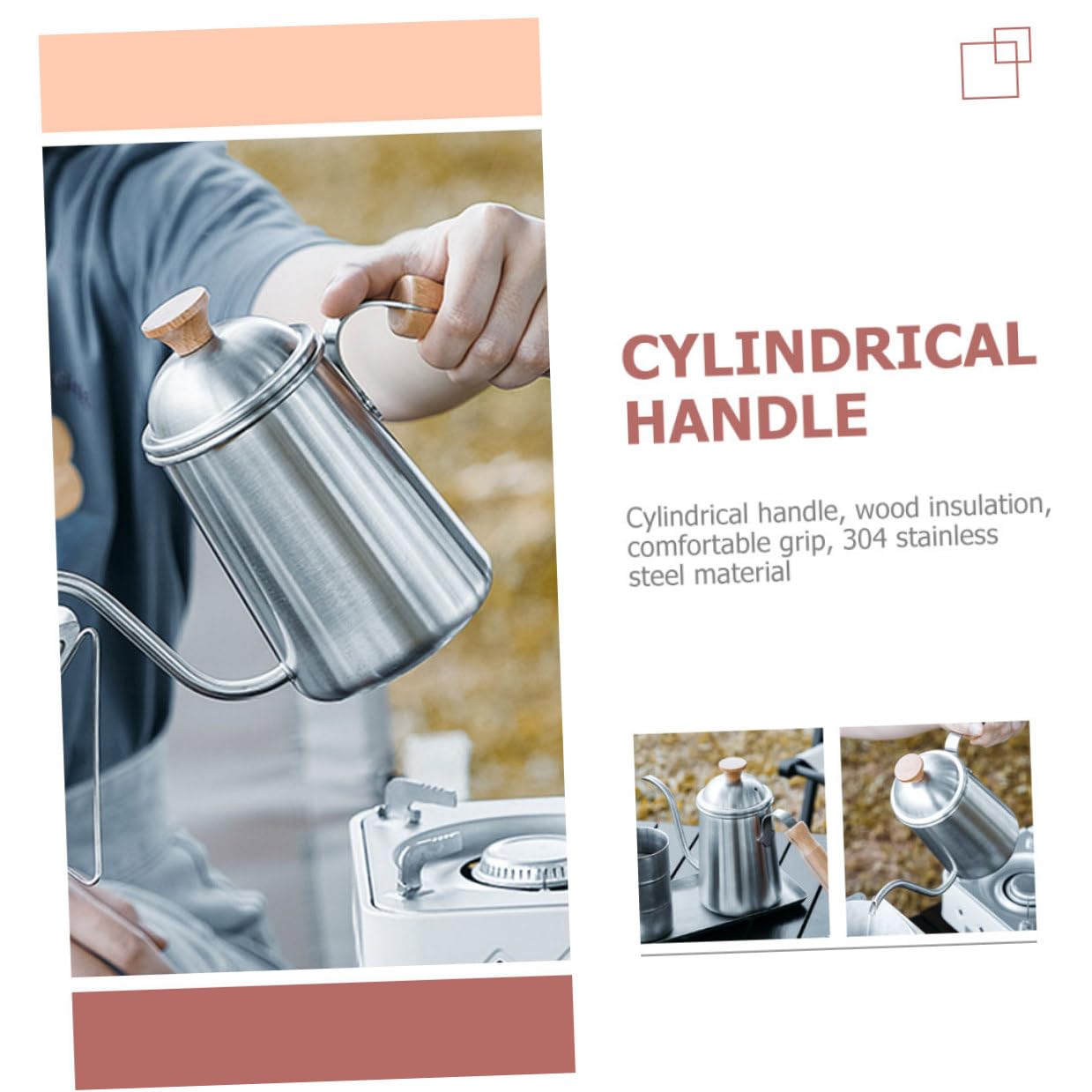 Japanischer Edelstahl Kaffeekessel mit Holzgriff Tragbarer Outdoor Wasserkocher für Camping Induktionsgeeigneter Teekessel mit Hitzebeständigem Boden und Schnellem Ausguss