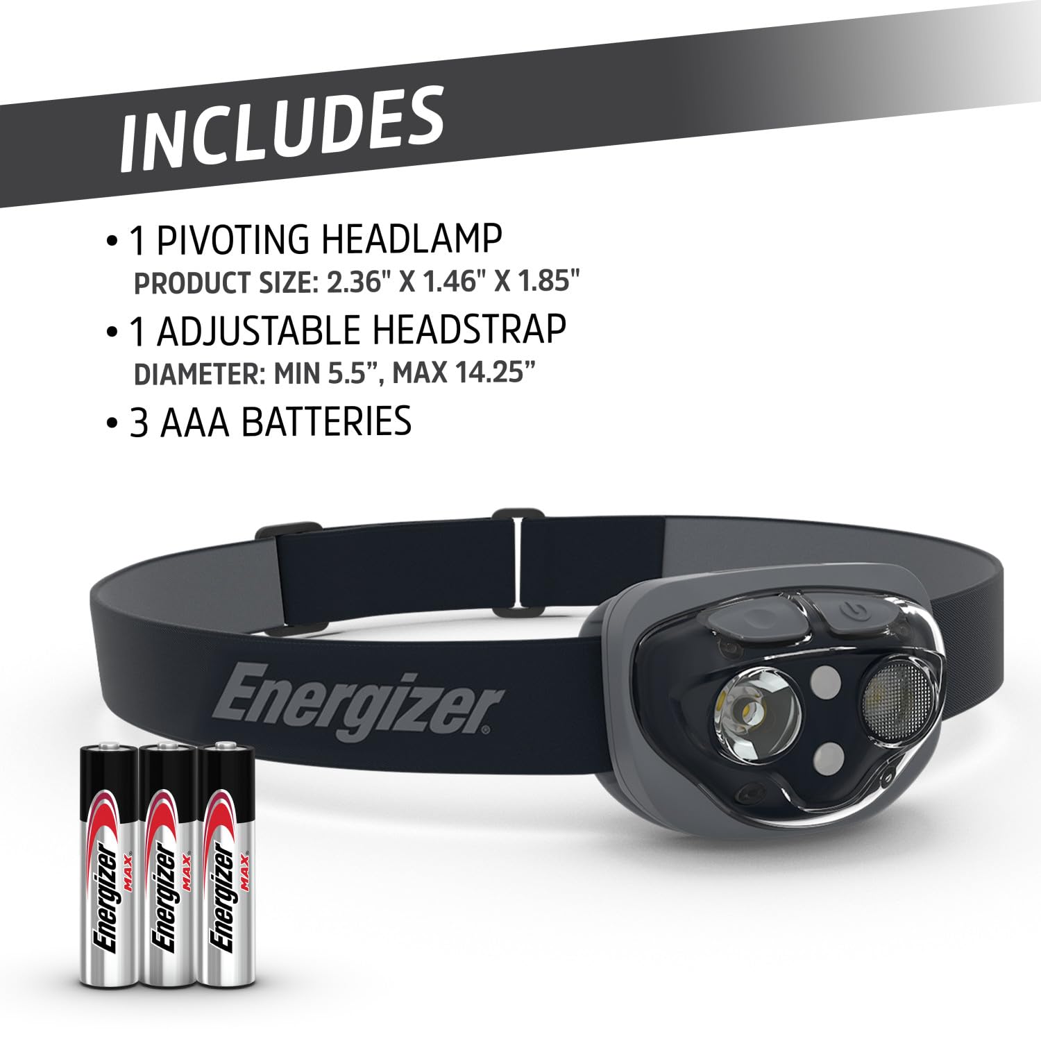 Energizer Vision HD+ 360 Lumen Linterna Frontal LED, Negro Medianoche, Resistente Agua IPX4, Luz LED Brillante, Camping Senderismo Carrera Outdoor Trekking, Pilas Incluidas, Ajustable