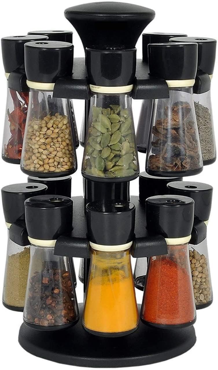 ODDEVEN Multipurpose Revolving/Rotating Spice Rack For kitchen Plastic Made set of 12 for spice/salt masala container Rack with Holder and lid 12 pcs Black suitable for daining table