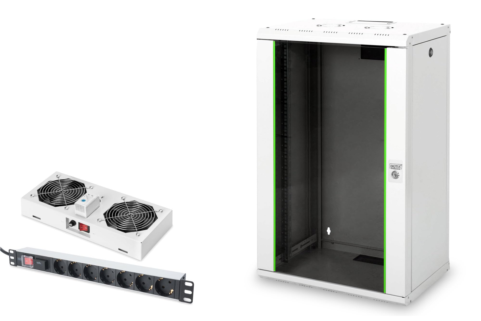 DIGITUS Set: Armoire réseau 19" 20U + Ventilateur de Toit + Bloc multiprise 7 Ports // Rack 19 Pouces - Montage Mural - 450mm de Profondeur - Charge 100kg - Profondeur utile 305-370 mm - Gris