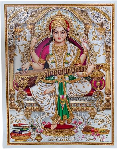 Rastogi Handicraft Best Of Indian Reprint Hindu God Poster/Picture With Unframed (Saraswati-Ji-White-BG-11 X9)