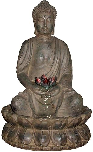 Alpine Corporation GEM178 - Fuente de agua de Buda meditadora para interiores con luces LED y flor de loto, 19 pulgadas, color beige