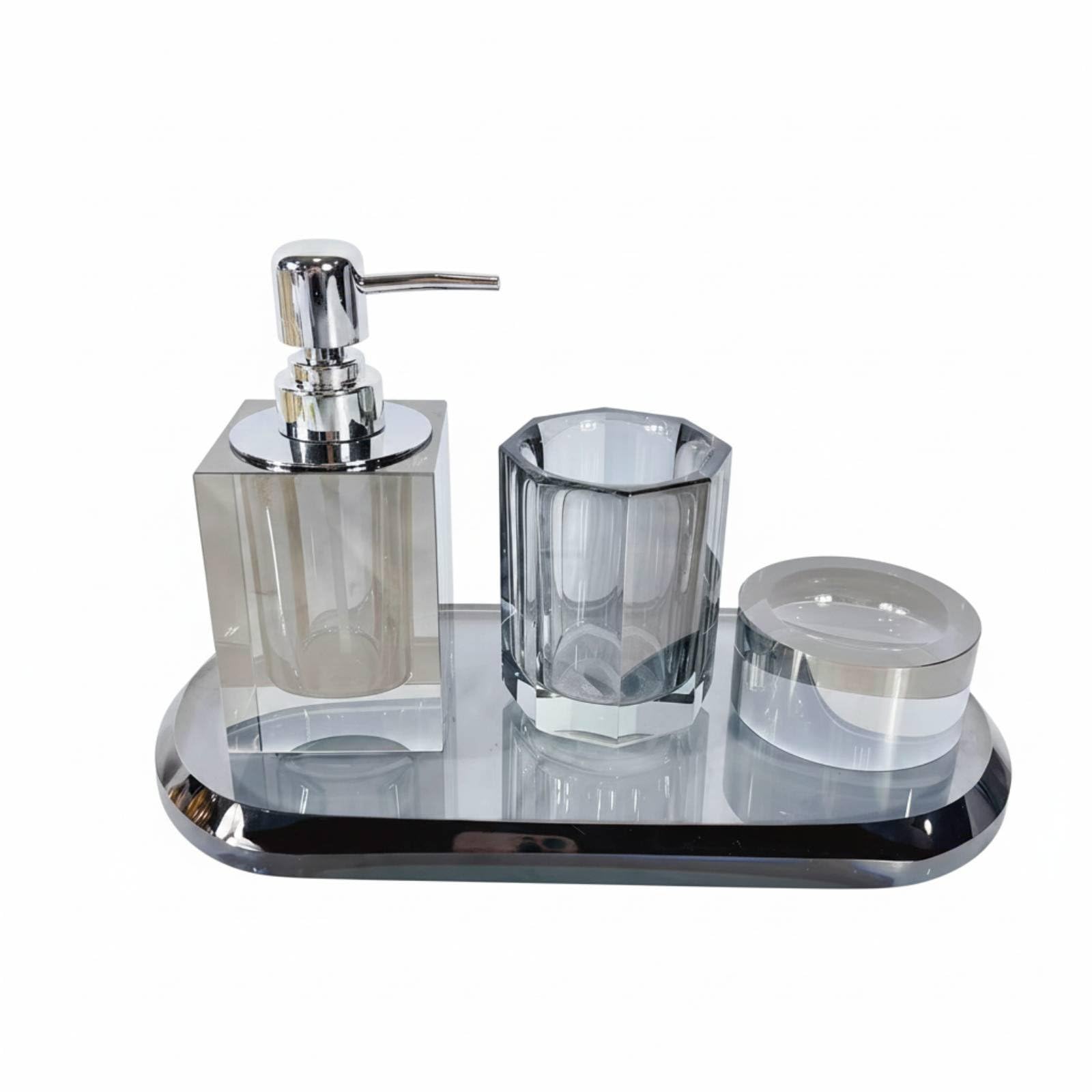 Dispenser Sapone Bagno Set con Dispenser E Bicchiere Coordinati Portapiattino E Vassoio in Vetro Cristallo Estetica Ordinata Contemporanea Adatto per Hotel Bagno Ospiti Toeletta, Moderno-A