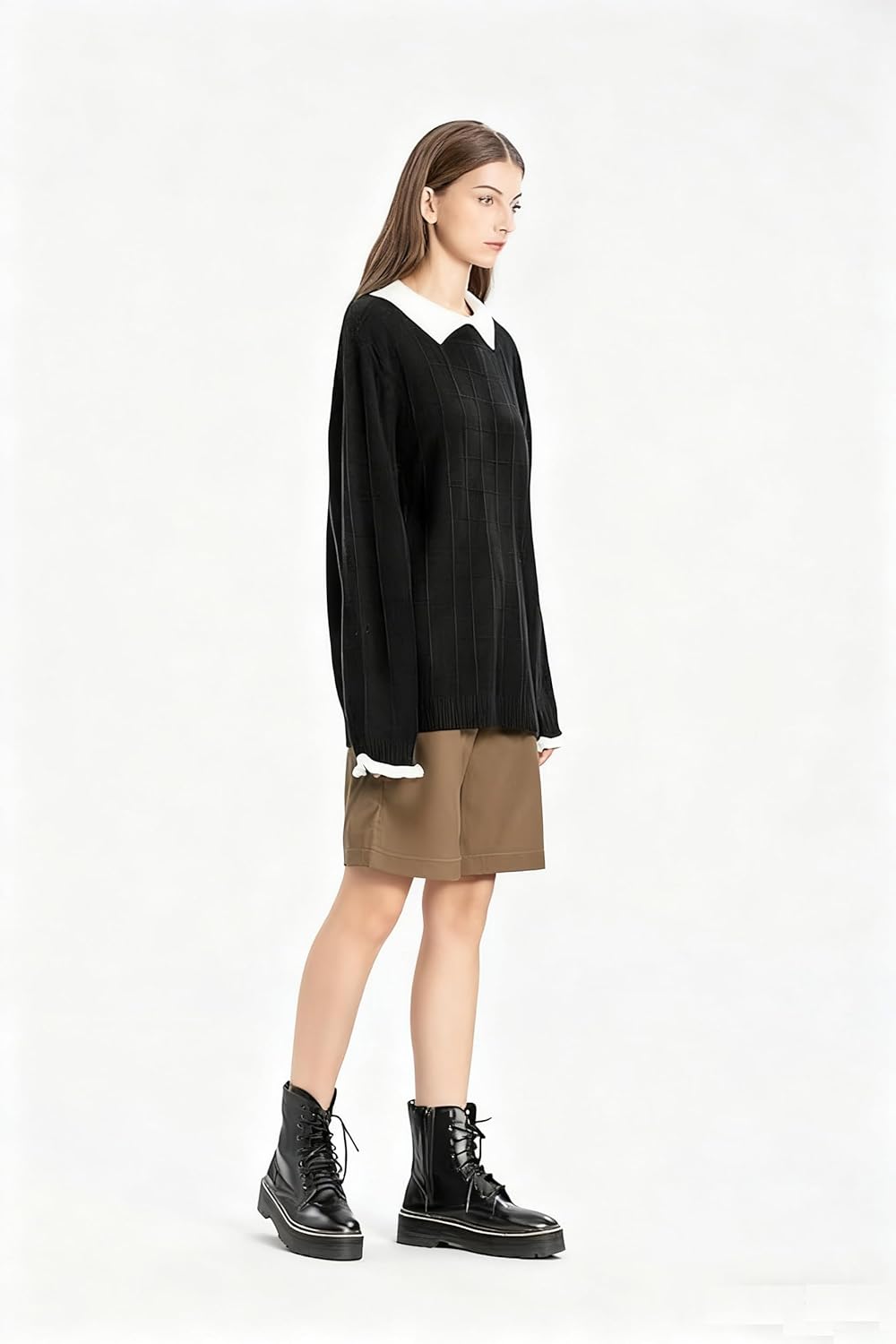 Minibee Women's Pan Collar Knitted Sweater Casual Pullover Sweatshirt