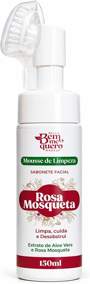 Mousse de Limpeza Facial Rosa Mosqueta 150ml com Escova de Silicone – Limpeza Profunda, Remove Oleosidade e Impurezas, Hidrata e Não Resseca – Com Aloe Vera | Para Todos os Tipos de Pele