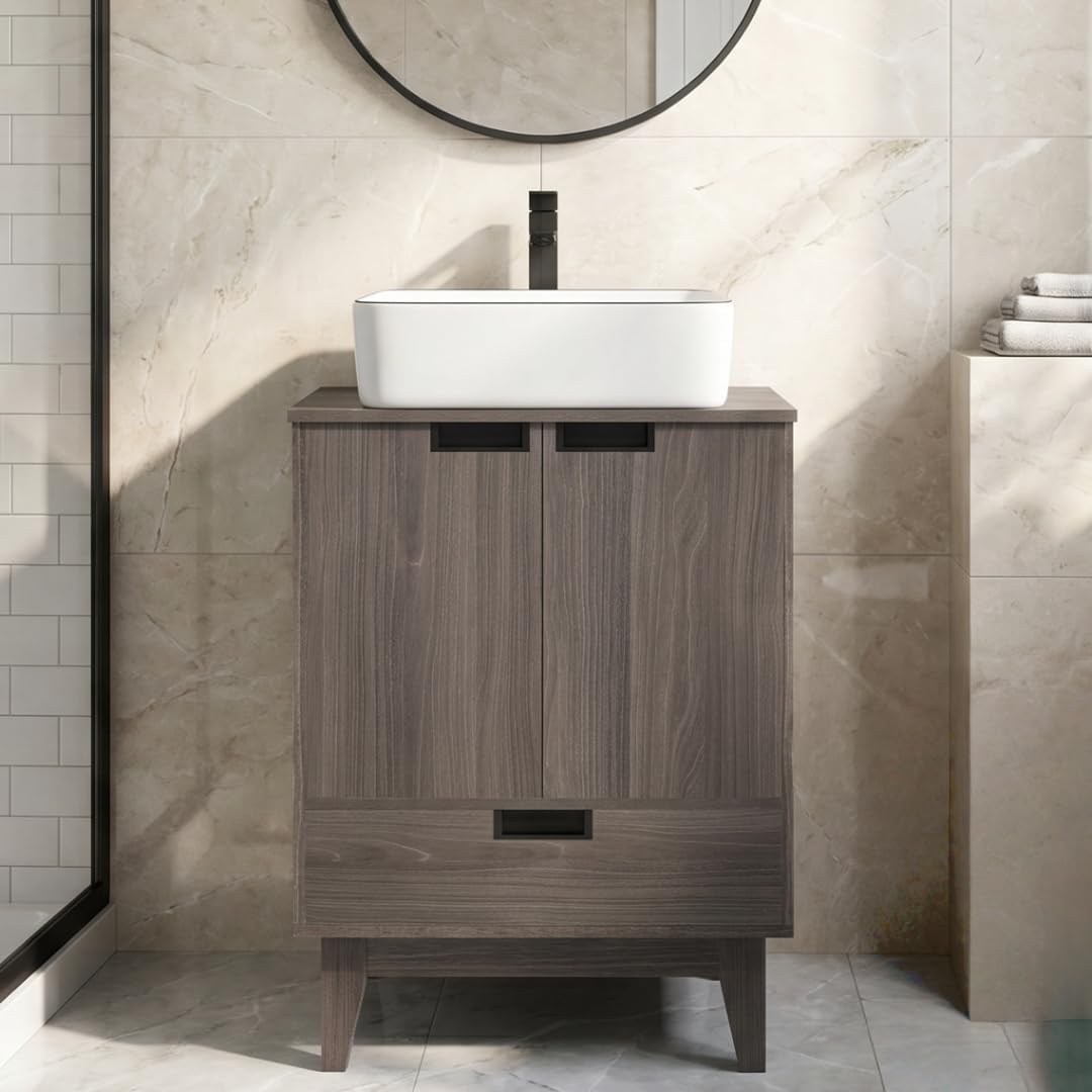 24" Bathroom Vanity with Sink, Freestanding Bathroom Vanity Cabinet with Gray Oak Textured and Soft-Closing Door, Modern Floor Standing Storage with White Rectangle Ceramic Sink