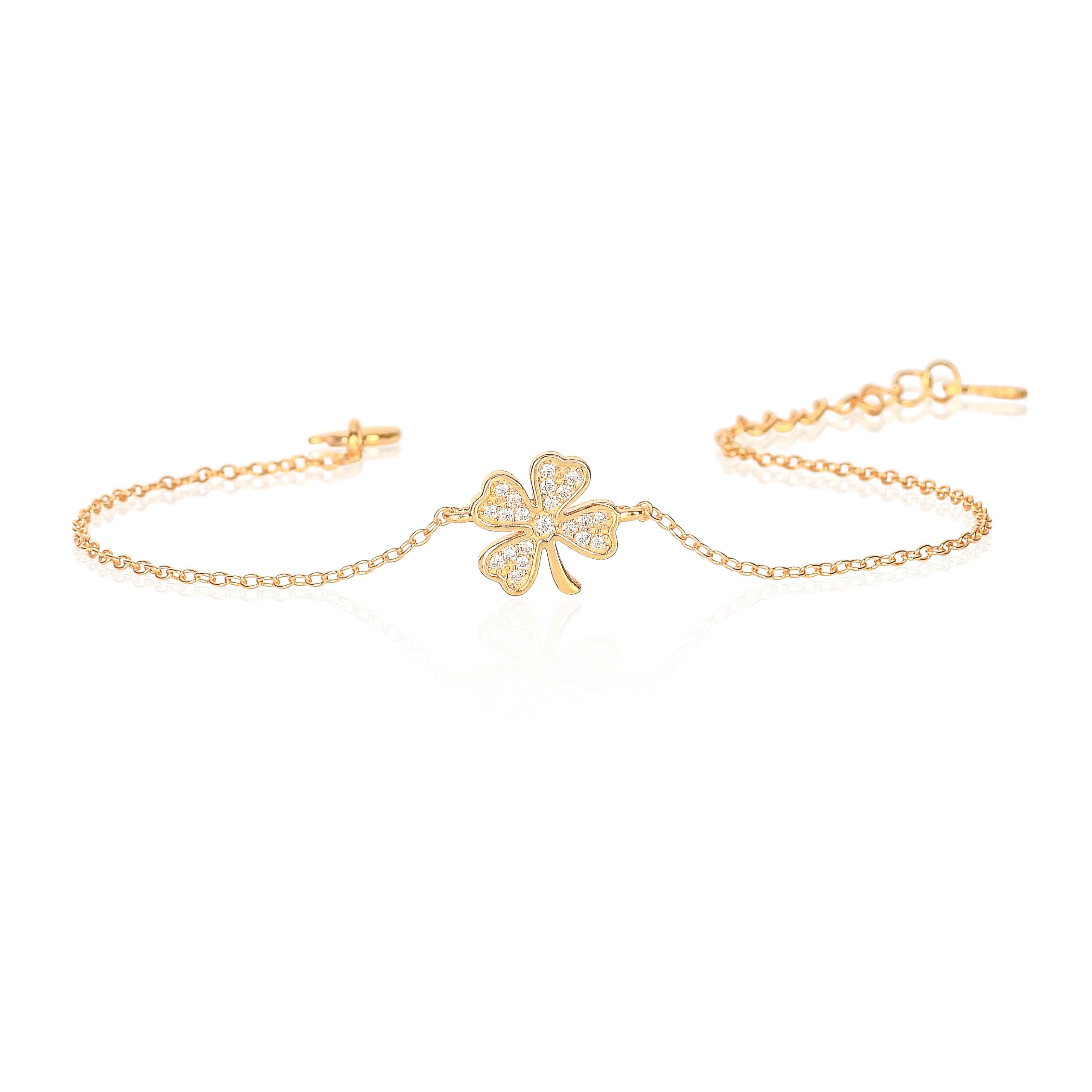 Diamond Treats Zierliches vierblättriges Armband aus 925er Sterling Silber für Damen und Mädchen, vierblättriges Kleeblatt-Armband aus Silber, Gelbgold oder Roségold mit funkelnden Zirkonia-Steinen