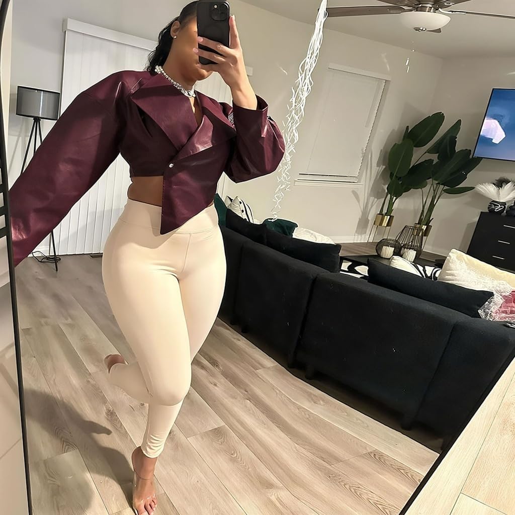 Cropped Jacket Women Faux Leather Irregular Hem Lapel Long Sleeve Burgundy Cropped Leather Bomber Jacket Women 2026 - Image 3
