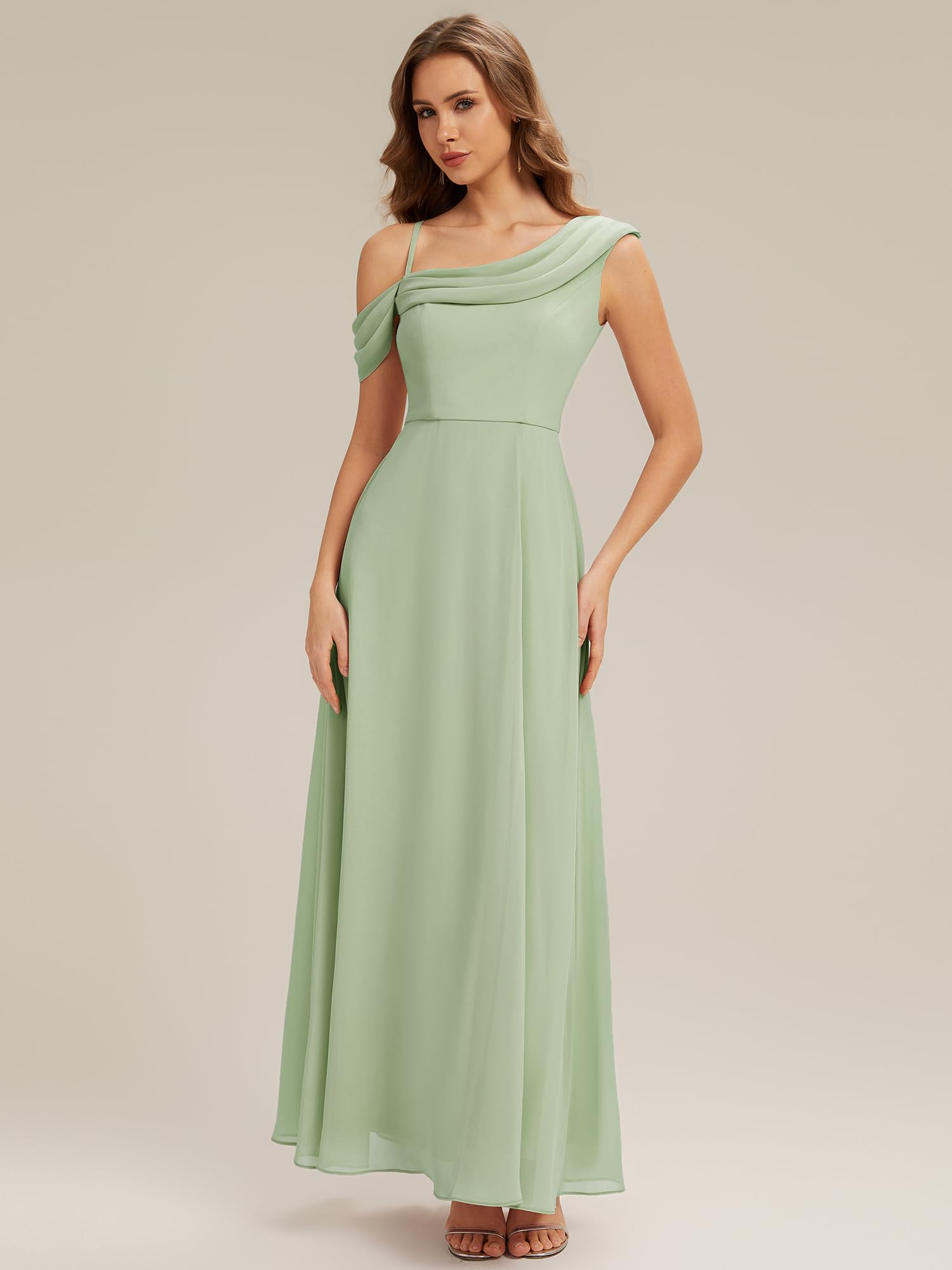 Ever-Pretty Abiti da Damigella Collo Asimmetrico Maniche Corte Chiffon Maxi Gonna Svasata ES02704