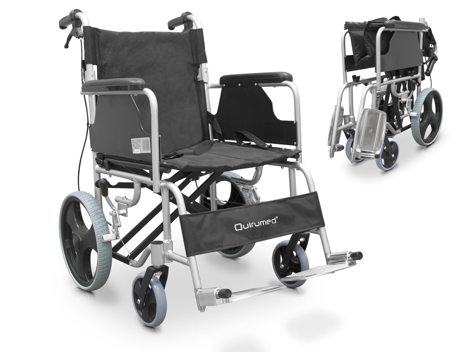 QUIRUMED Silla de ruedas de aluminio para viajes, Asiento 46 cm, Silla de ruedas de tránsito, para traslado, Plegable, Ligera, Cinturón de seguridad, Reposapiés abatibles