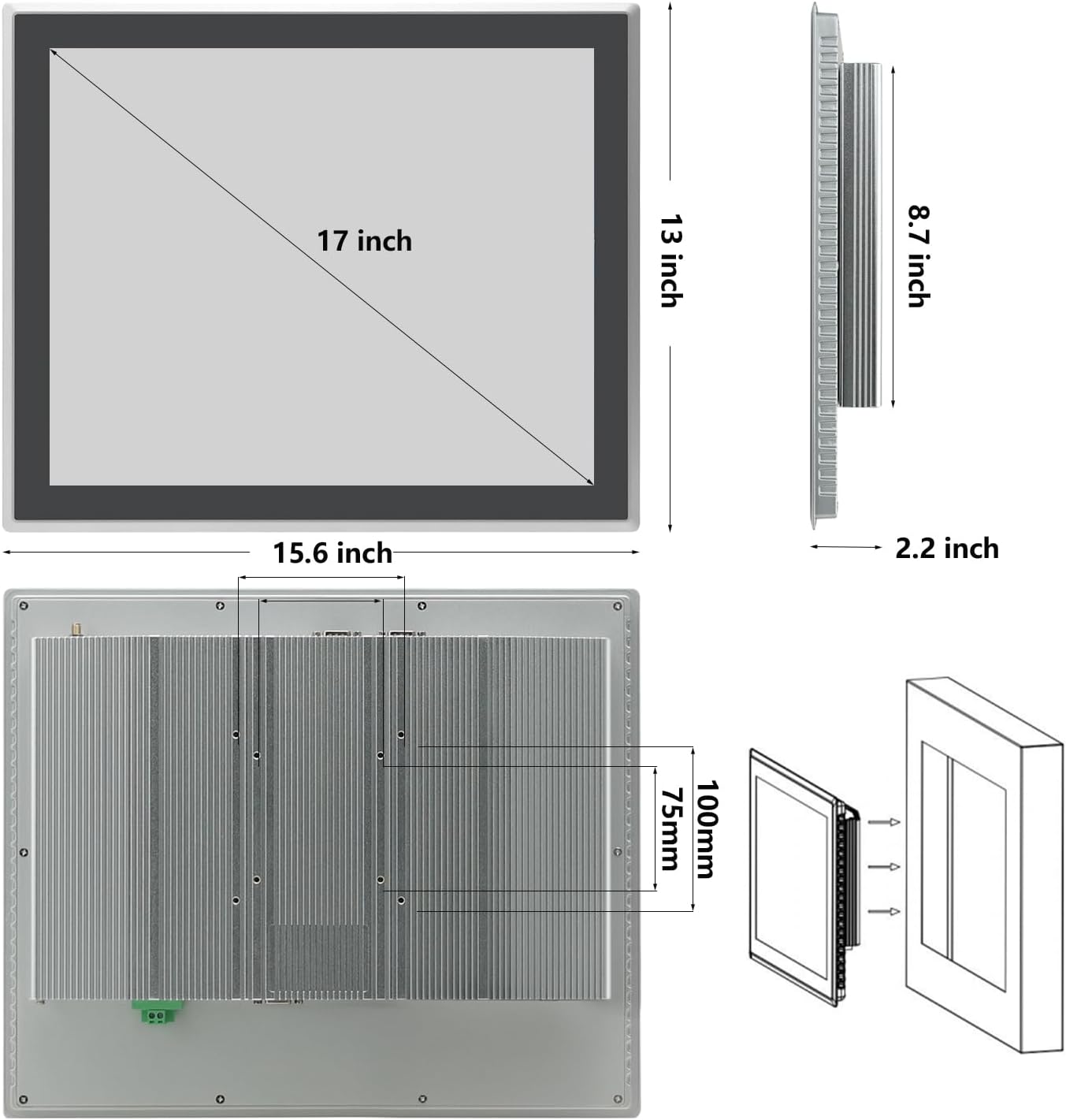 17 inch Capacitive Multi-Touchscreen Industrial Embedded Win-11 PC Monitor, IP65 Screen with 10 Points Touch Display, i7+RAM 8G+512G SSD, Integrated Phoenix2pin, HD-MI-Out & USB Ports