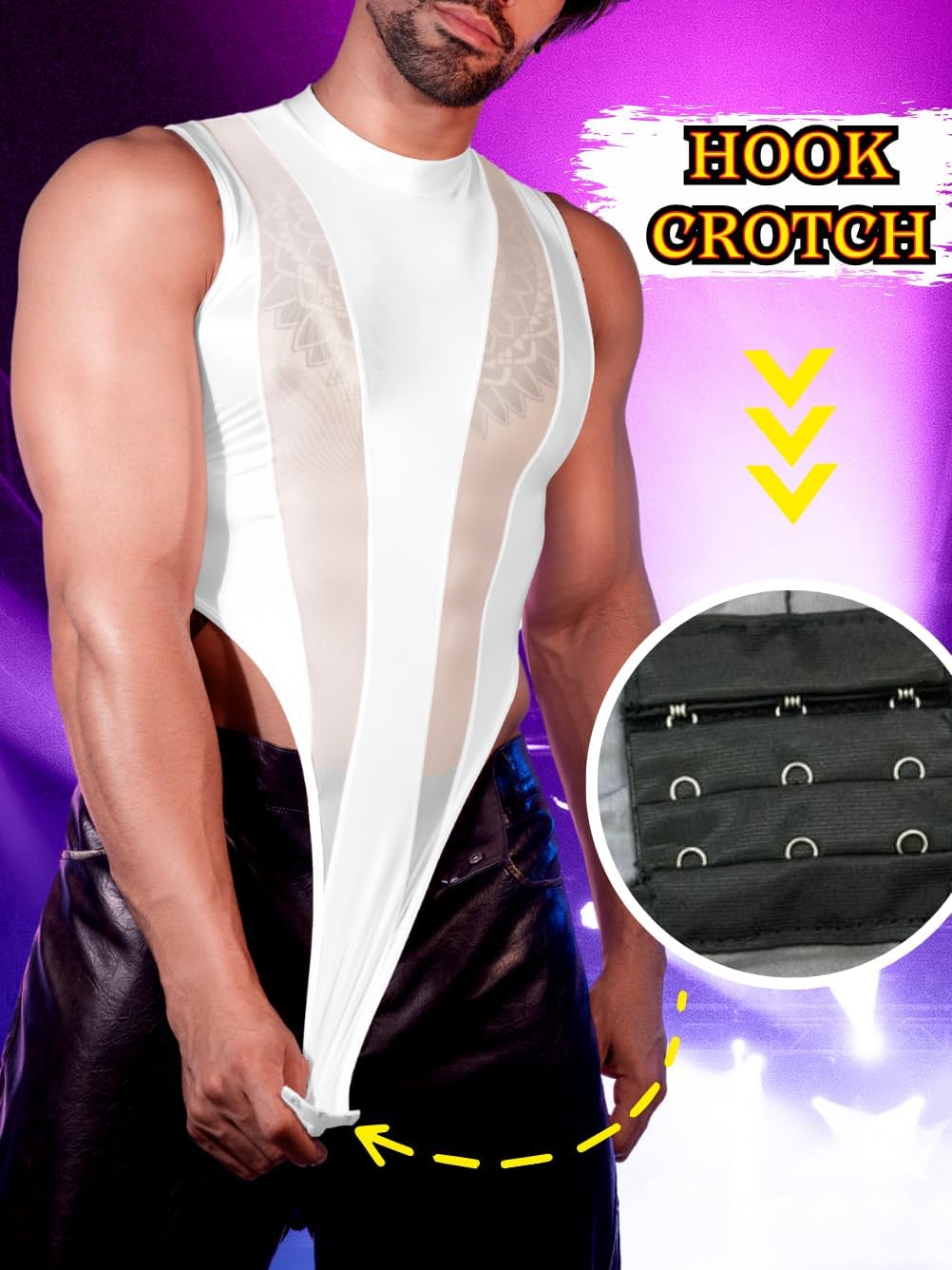 Mens Sexy Lingerie, Hook Crotch Thong High Cut Bodysuit Top Rave Outfit, Glossy Mock Neck Sheer Singlet Muscle Suit - Image 4