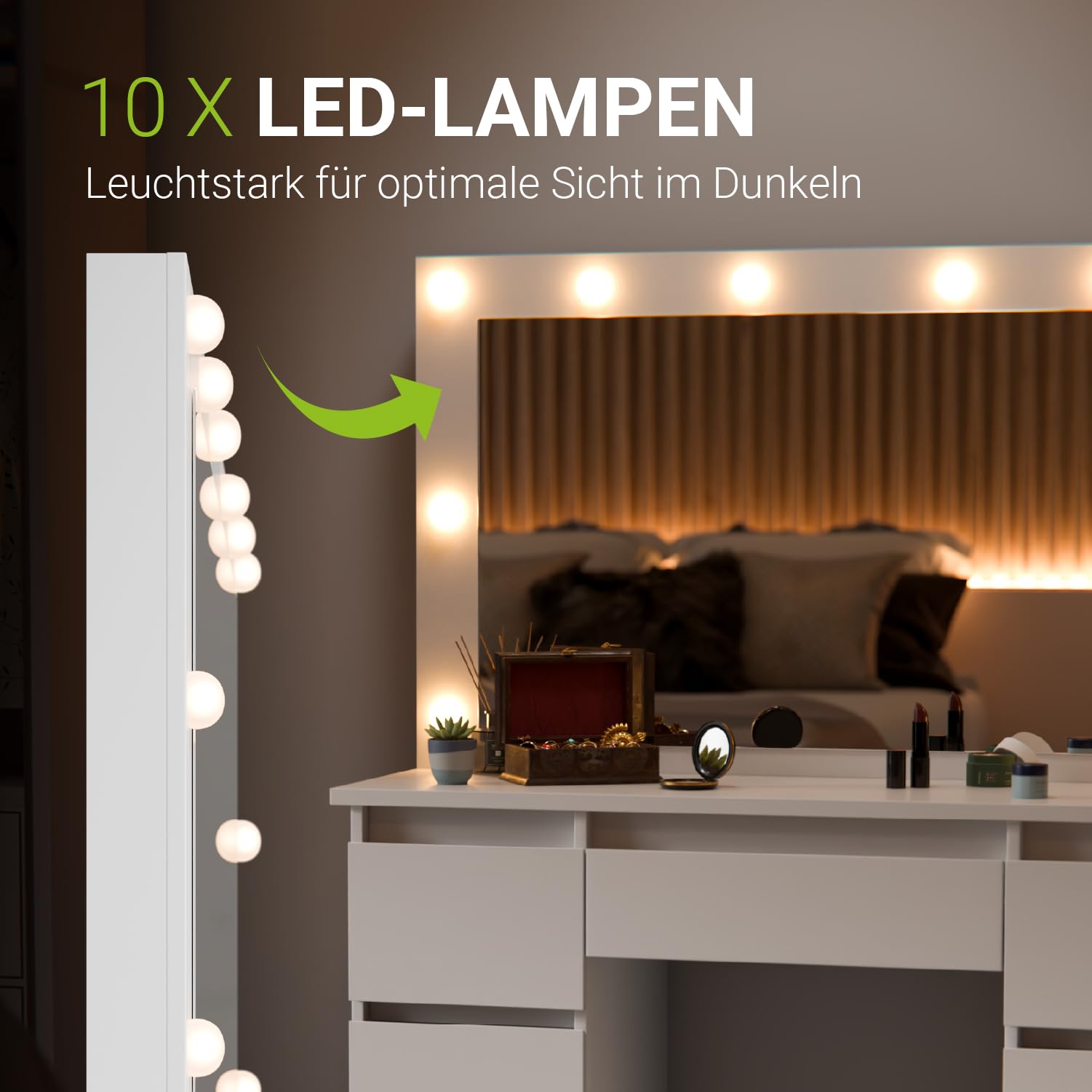 Juskys Toeletta Lilia con specchio LED, 7 cassetti, 3 livelli di luce, molto spazio, design moderno, compatta e facile da pulire per il trucco – Bianco