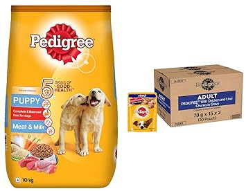 Pedigree Puppy Dry Dog Food, Meat & Milk, 10kg & Pedigree Adult Wet Dog Food, Chicken & Liver Chunks in Gravy, 70 g (Pack of 30)