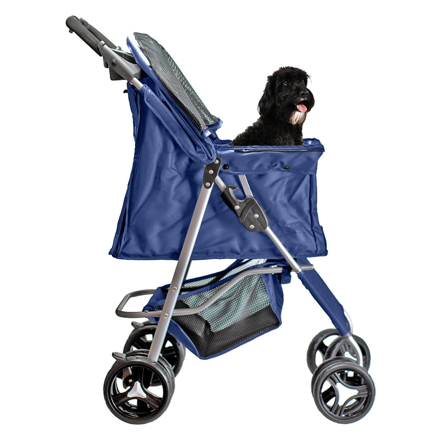 AQPET Passeggino Pieghevole per Cani di Taglia Medio Piccola, Carrello per Animali Domestici Comodo e Pratico, Carrozzina con Doppie Ruote girevoli, 75x45x100 cm, Colore Blu Navy
