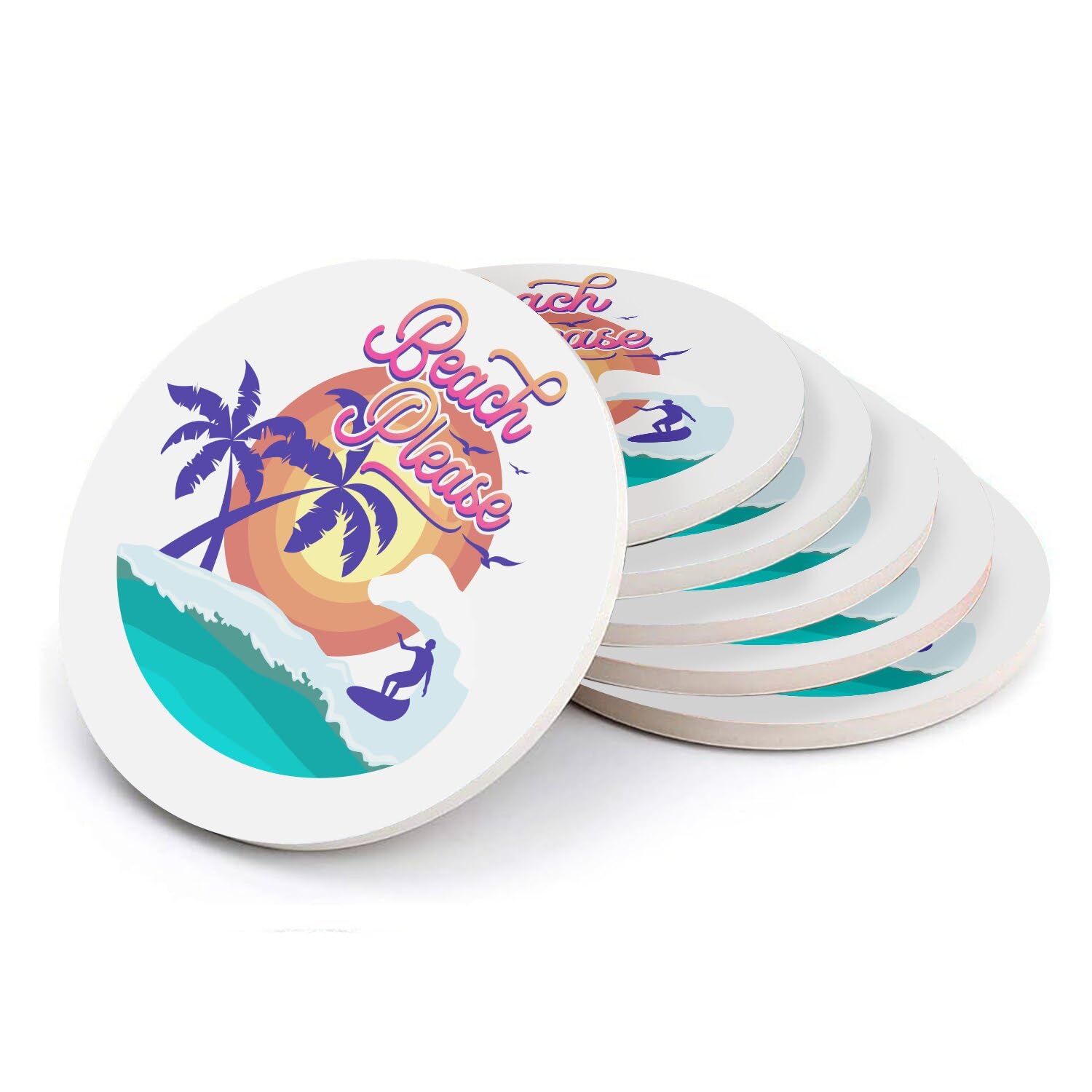 Sous verre ronds en céramique Beach Please surf plage lot de 6 dessous de verre 108x108mm