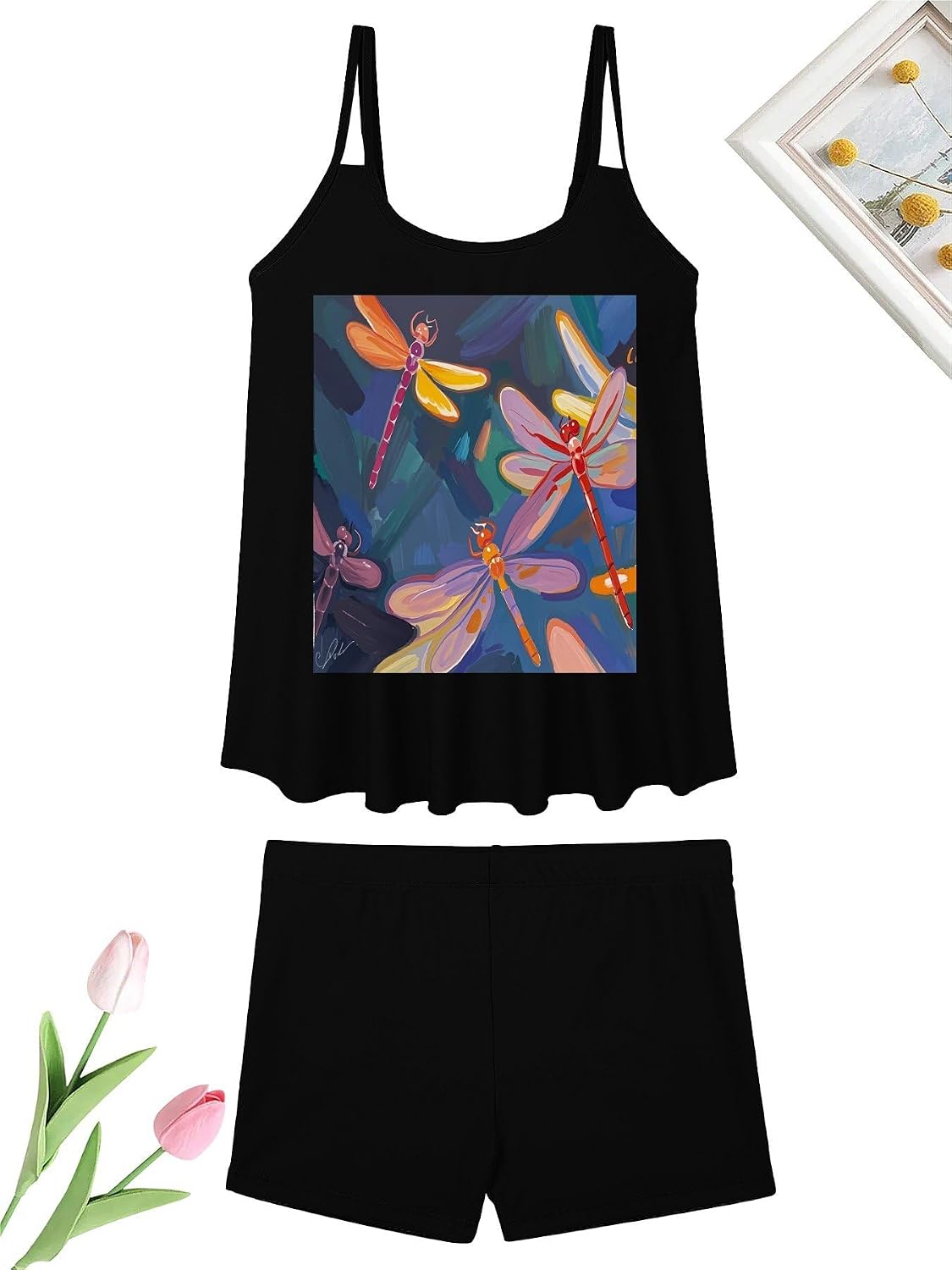 Hand Painted Dragonfly Tankini Swimsuits for Women Tummy Control Two Piece Bathing Suits Swim Tops with Boy Shorts