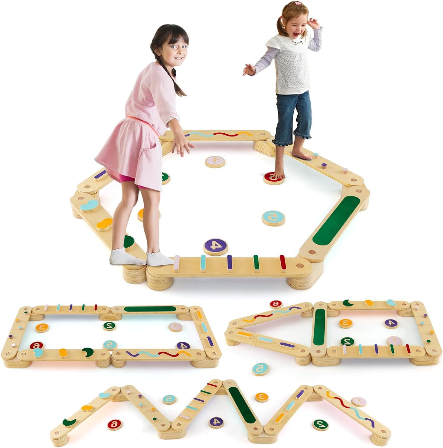 GOPLUS Poutre d'Equilibre Enfants, Poutre d'Equilibre Montessori Bois avec Tremplins, Double Face, Combinaison Libre, Parcours d'Obstacles pour Enfants 1 Ans,Charge 60KG Multicolore