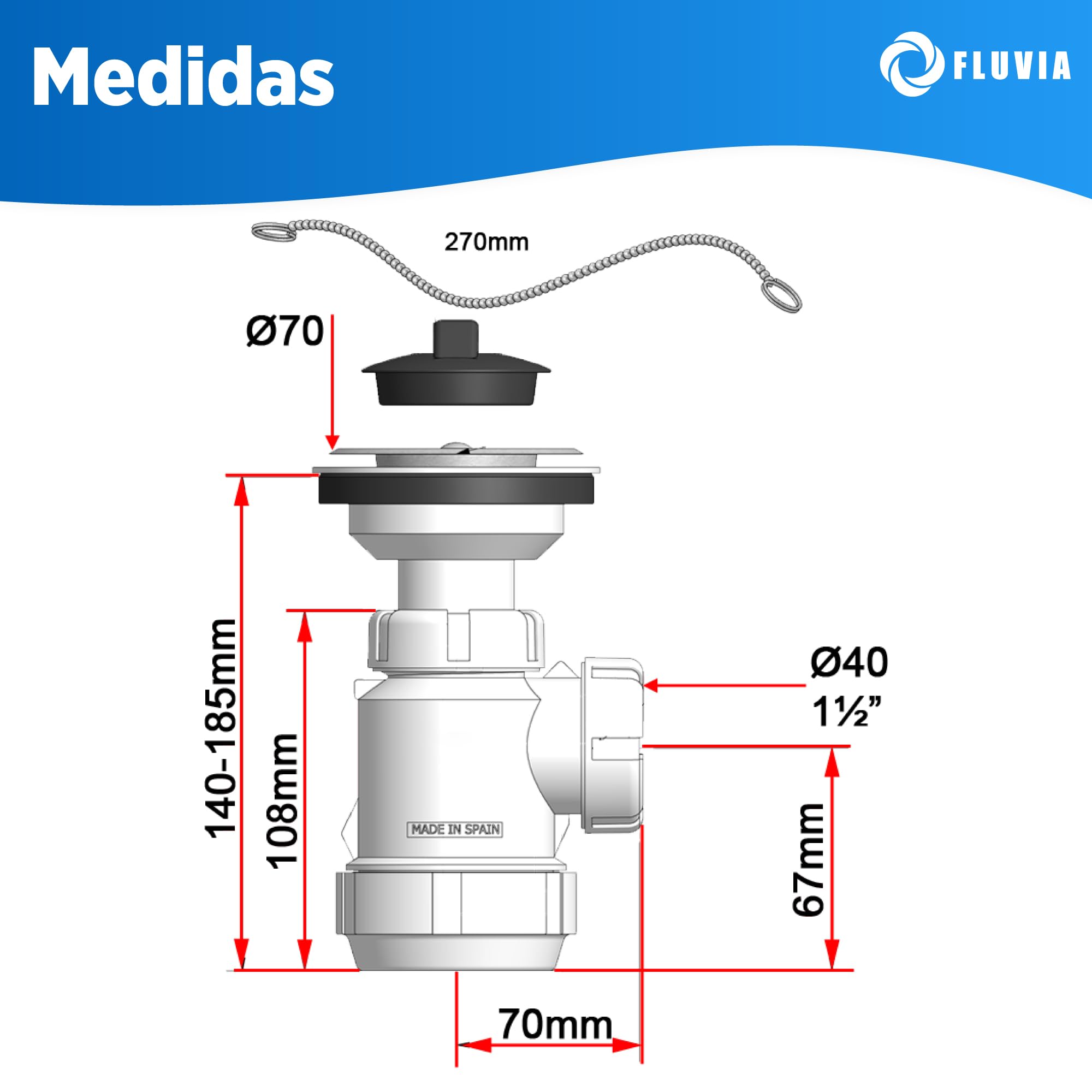 Sifón de Botella Corto Extensible para Lavabo y Bidé | Racor 1" 1/2 | Salida Ø40 mm con Reducción Ø32 mm | Antiolor, Antifugas | Polipropileno | Incluye Válvula | Instalación Fácil | F-3 Fluvia