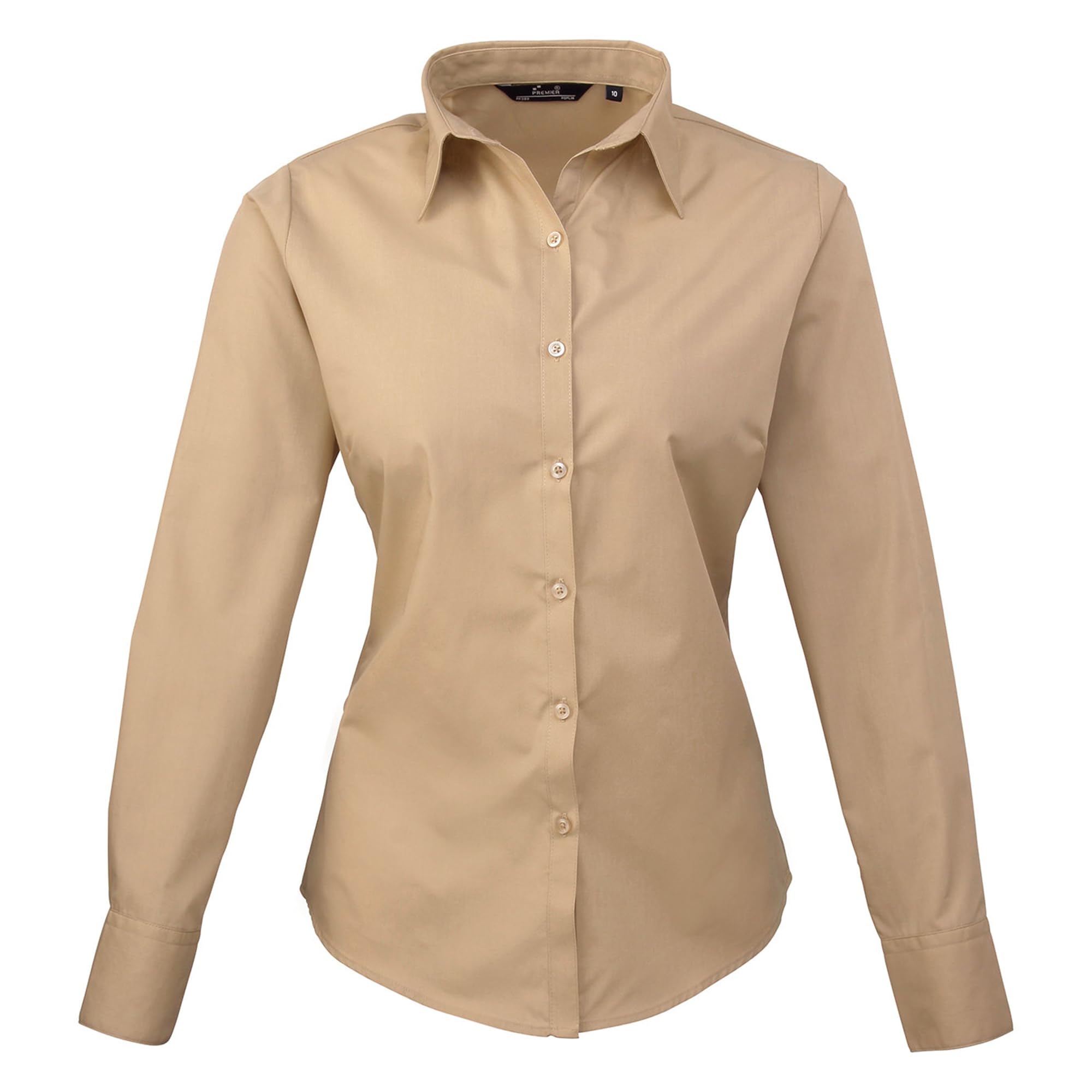 Premier Women's poplin Long Sleeve Blouse, Ladies Plain Work Shirt-Khaki-Size 6