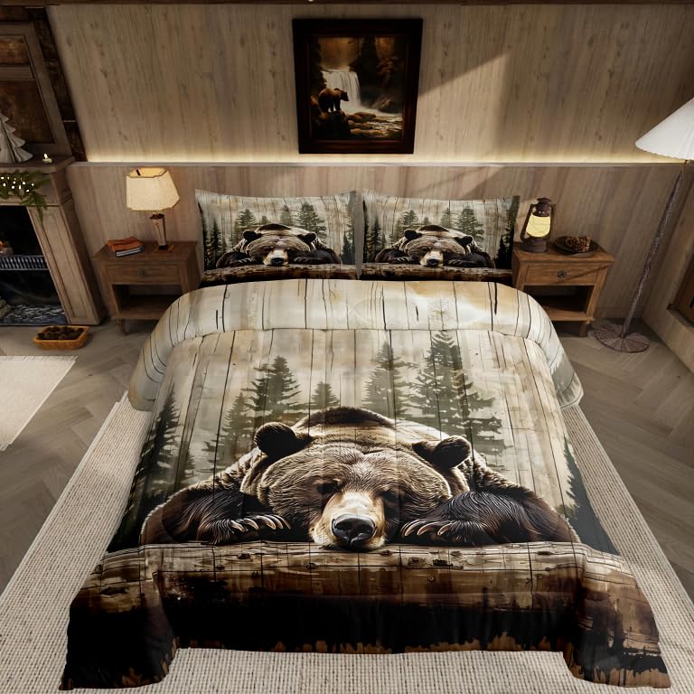 Feelyou Grizzly Bear Comforter Set Queen Size, Wild Animal Hunting Quilt Set with 2 Pillowcases, Rustic Cabin Farmhouse Bedding Set 3pcs for Kids Boys